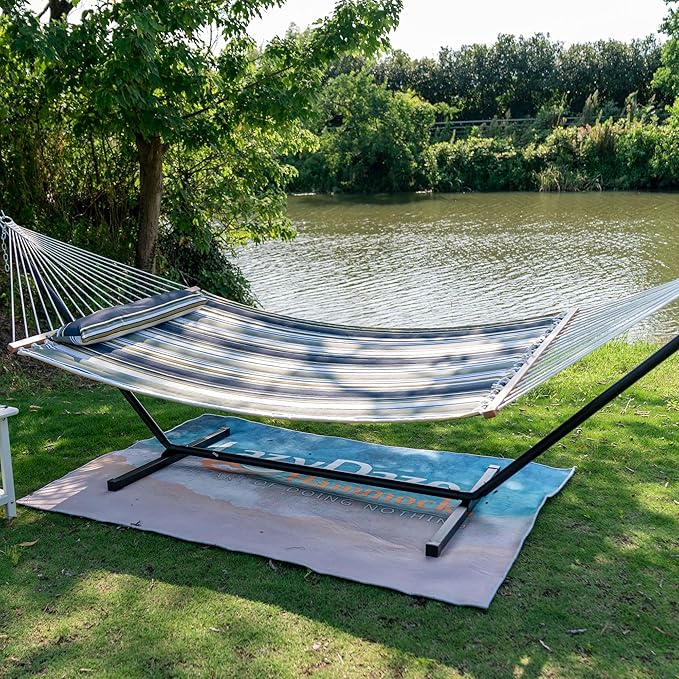 Lazy Daze Hammocks 12 FT Quilted Fabric Double Hammock with Spreader Bars and Detachable Pillow, 450lbs Weight Capacity