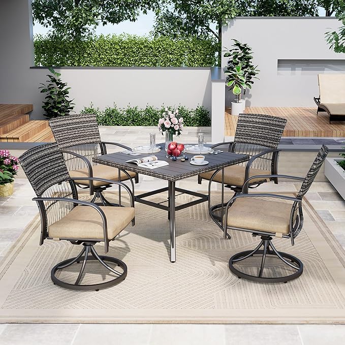 Pamapic 5-Piece Outdoor Dining Set with Swivel Chairs, Rattan Patio Furniture for Backyard, Deck, Garden, Weather-Resistant Iron Slats Table & 4 Chairs with Removable Cushions （Taupe）