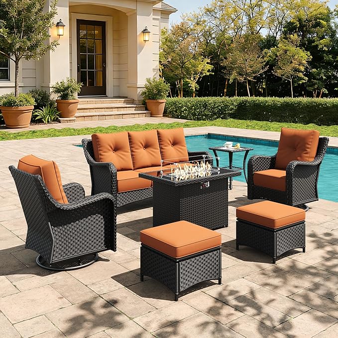 7 Pieces Outdoor Furniture Set with 6-inch Cushions, High Back Wicker Swivel Rocker Chairs with Fire Pit Table, Luxury Conversation Set for Deck Patio and Poolside