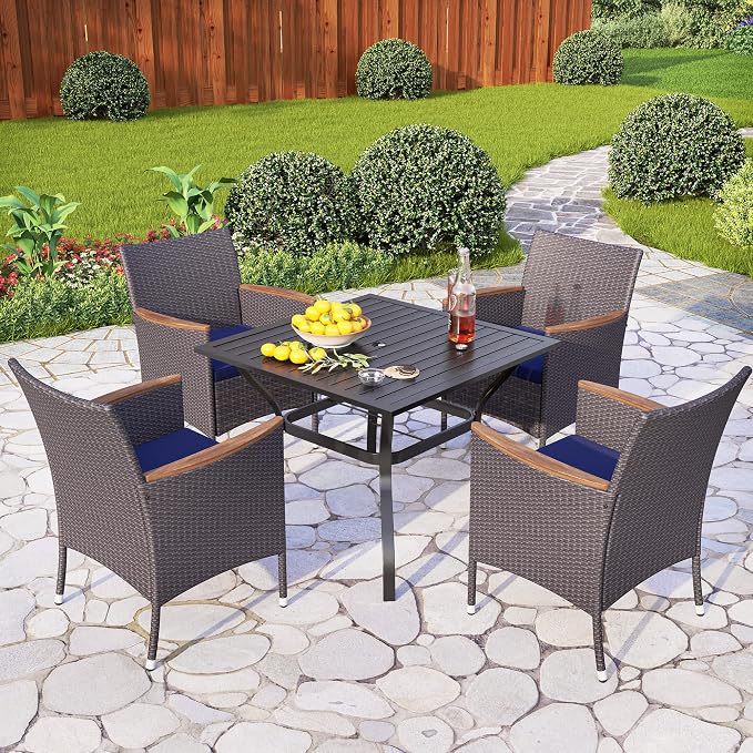 PHI VILLA High Back Wicker Patio Dining Chairs Set of 4, Wood Armrest | 4 Rattan dining chairs with thick removable seat cushions. Sturdy steel frame, easy assembly.