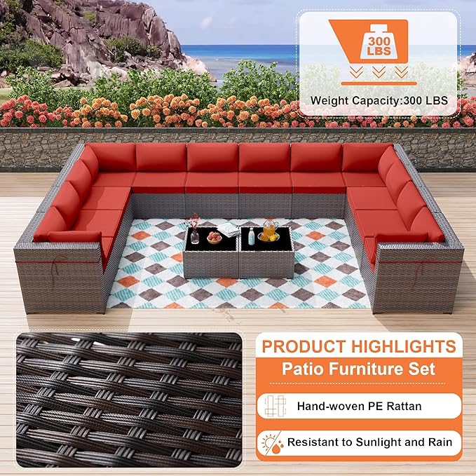 ALAULM 14 Pieces Patio Furniture Set Wicker Patio Conversation Set, Outdoor Sectional Furniture w/Coffee Table & Washable Seat Cushions-Red
