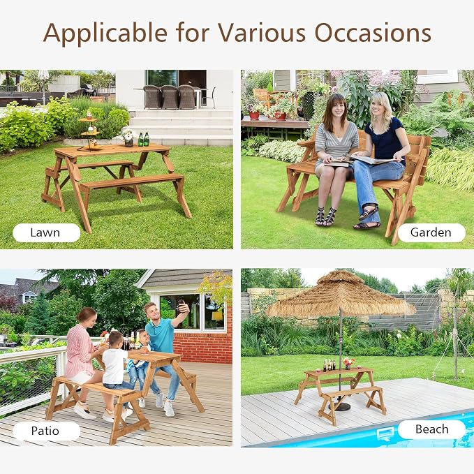 Tangkula 2-in-1 Convertible Wooden Picnic Table, Transforming Interchangeable Outdoor Bench Table with Umbrella Hole, Collapsible Picnic Table and Bench for Garden, Backyard, Porch, Patio