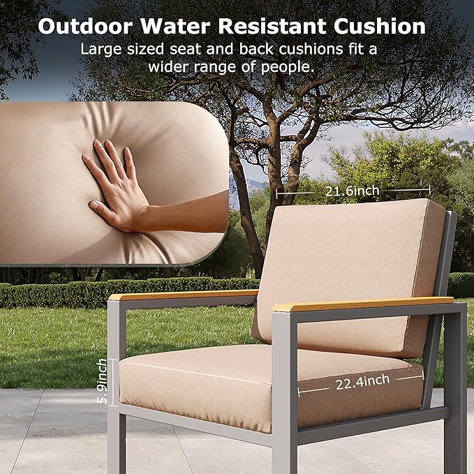 4-Piece Outdoor Patio Furniture Set, Metal Conversation Sofa Set with Deep Cushions & Wood-Like Armrests, Modern Patio Seating with Coffee Table for Garden, Porch, Balcony, Backyard (Brown)