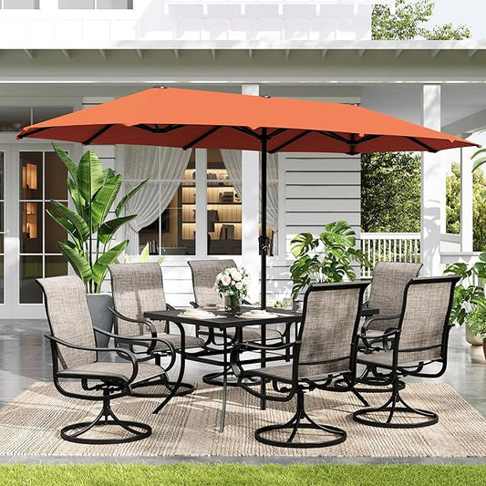 Sophia & William Patio Set with Umbrella 8 Pieces Outdoor Dining Set for 6 with 13ft Large Patio Umbrella Red, 6 x Swivel Patio Chairs with 59" Dining Table for Lawn Garden
