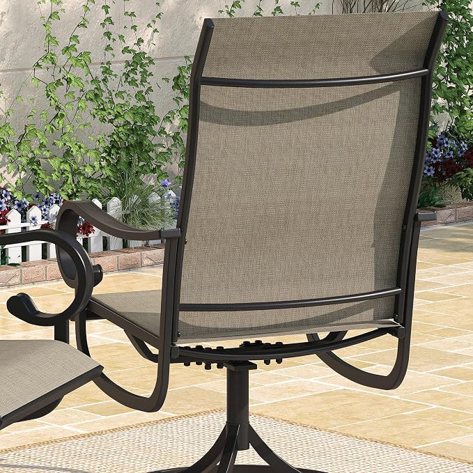 DIFY 5 Pieces Patio Dining Set, 40.2" Walnut Square Dining Table with Umbrella Hole and 4 Black Swivel Patio Chairs, All Weather Metal Outdoor Dining Furniture Set for Lawn Garden Balcony