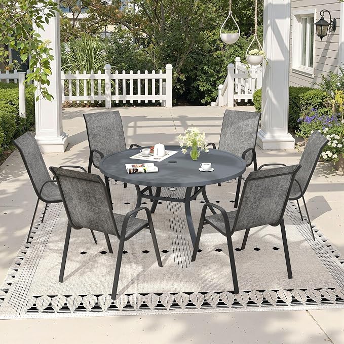 7 Pieces Outdoor Dining Set, 47.2" Round Table with Umbrella Hole & Stackable Patio Dining Chairs, Patio Table and Chairs Set for Deck Garden Porch, Grey Chairs & Dark Grey Table