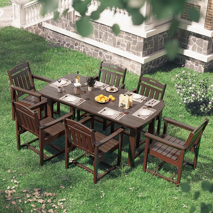 HDPE Outdoor Patio Dining Set with Table & 6 Chairs, All-Weather 7-Piece Outdoor Table and Chairs, 2" Umbrella Hole, Patio Furniture for Garden, Backyard, Deck | Brown