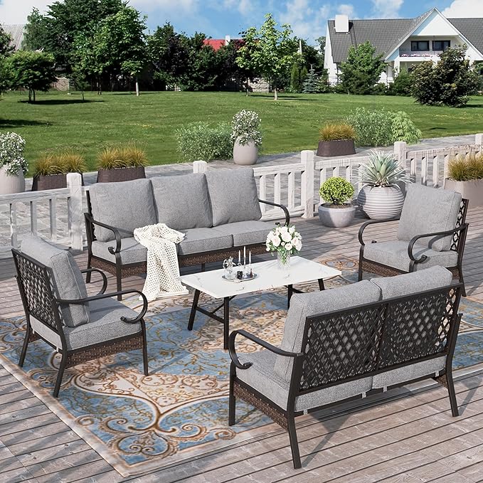 HERA'S HOUSE 5 Piece Metal Patio Furniture Set, 7 Seats All Weather Outdoor Conversation Set, 3 Seat Sofa with Loveseat, 2 Fixed Chairs, Coffee Table for Backyard, Garden, Deck, Grey