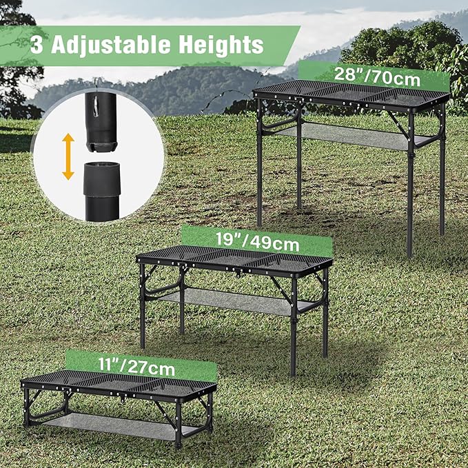 RedSwing Tri-fold Folding Picnic Table, Lightweight Height Adjustable Iron Frame Table with Mesh Layer for Outdoor Camping Picnic BBQ, Black