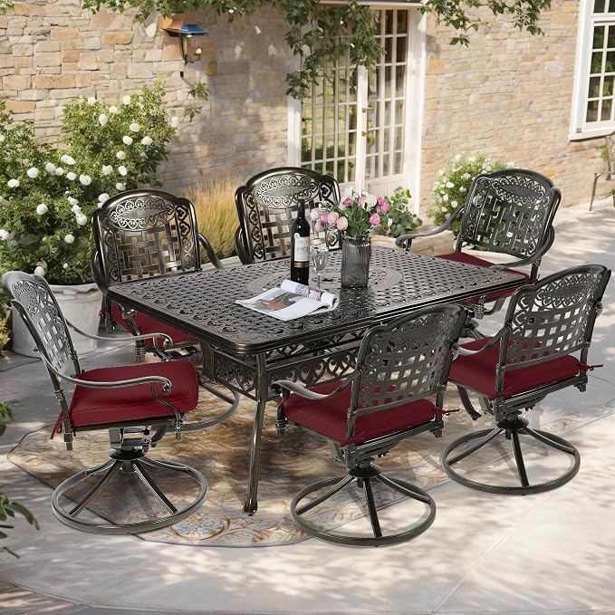7-Piece Outdoor Patio Dining Set, 60” Rectangular Cast Aluminum Dining Table with Umbrella Hole and 6 Cushioned Swivel Rocker Chairs, Patio Funiture Set for Backyard, Patio, Garden, Red