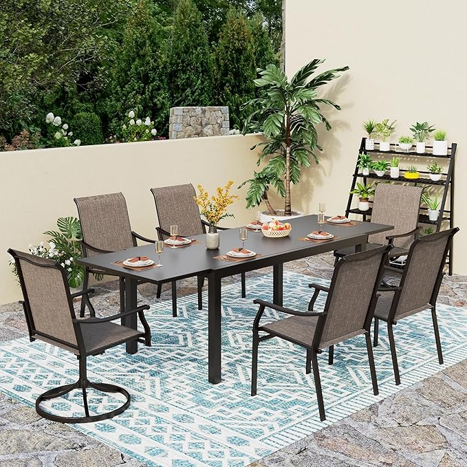 PHI VILLA Patio Dining Table and Chairs for 6, 2 Swivel & 4 Stable Patio Dining Chairs,Stable Exdentable Dining Table,Metal Frame and Textilene Quick-Dry Fabric,7 pcs Patio Furniture Set for Garden