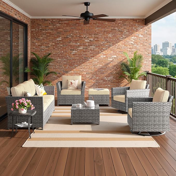 Fully Assembled & Spacious 9-Pc Outdoor Sofa Set, Patio Rattan Conversation Group with Rocking Chair and Tea Table
