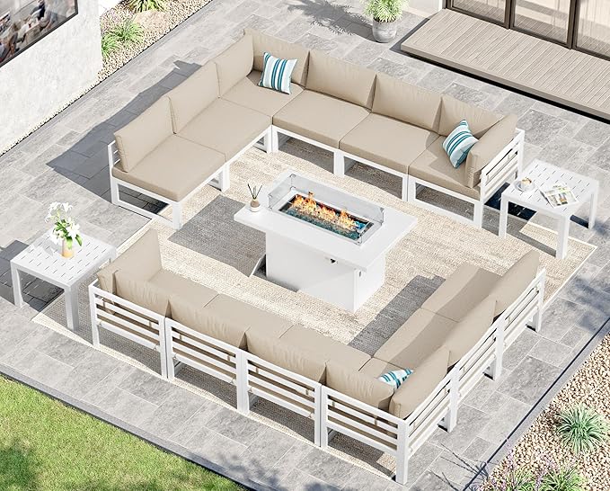 NICESOUL 15 Pcs Modern Aluminum Outdoor Patio Furniture Set with Fire Pit Table & Coffee Table, Extra Large L Shaped Modular Sectional Couch, 29" Wide Deep Seating Conversation Sofa for Terrace, Beige