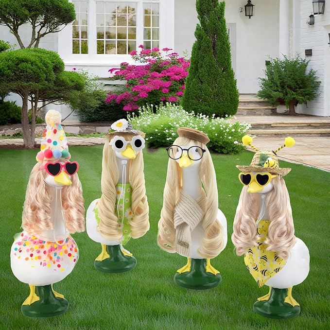 Summer Spring Bee Porch Goose Outfit 4 Piece Porch Goose Insect Outfits with Long Blonde Wig Bee Straw Hat Bandana for Outdoor Decor for Lawn Goose Statues
