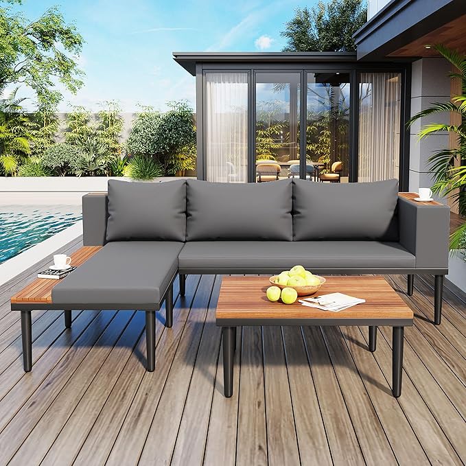 Luxury Outdoor Patio Furniture Set, L-Shaped Acacia Wood Sectional Sofa with Side Table, All-Weather Conversation Set with Removable Cushions and Coffee Table for Backyard Porch (Gray-4.20)