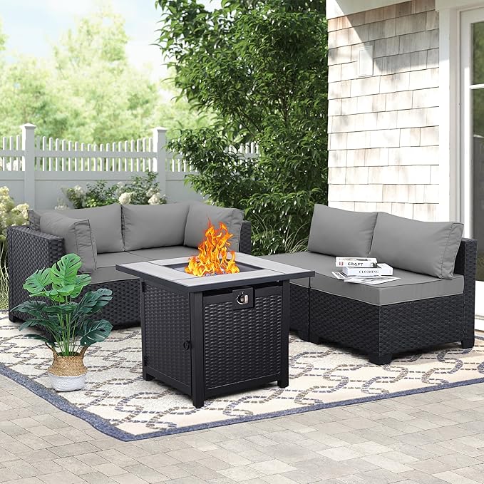 WAROOM Outdoor 5 Piece Patio Furniture Set, Black Rattan Conversation Couch Resin Wicker Sectional Sofa Outside Chair with Propane Fire Pit Table, Grey Cushion