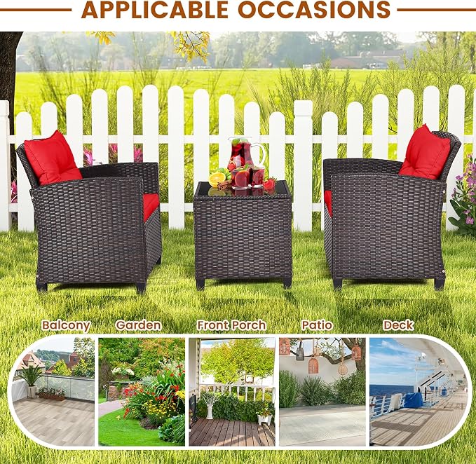 3-Pieces Patio Furniture Set, PE Wicker Chairs Sofa Set with Removable Cushions & Glass Top Side Table, Outdoor Wicker Rattan Conversation Chair for Porch,Backyard, Balcony (Red)