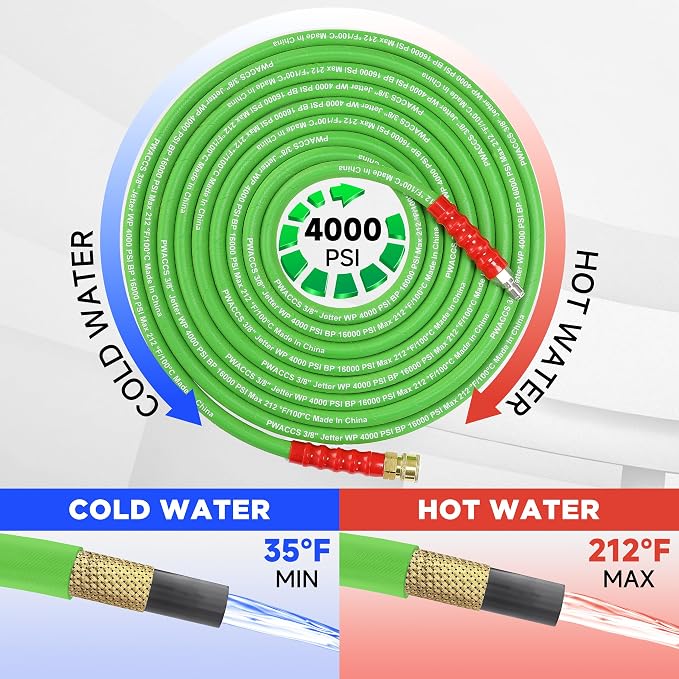 PWACCS Pressure Washer Hose 100FT 3/8", Steel Wire Braided Power Wash Hose | Quick Connect, Kink Resistant, M22 14 Adapters, Cold/Hot Water, 4000 PSI