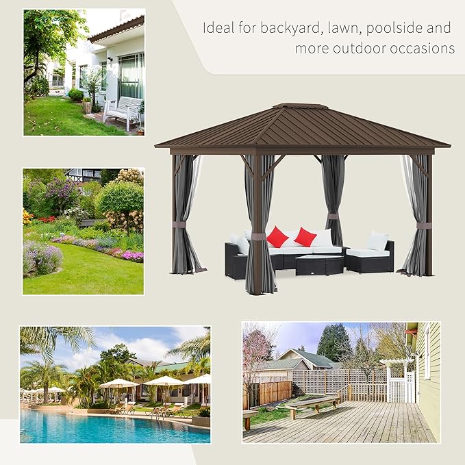 Outsunny 10' x 12' Hardtop Gazebo with Curtains and Netting, Permanent Pavilion Metal Single Roof Gazebo Canopy with Aluminum Frame and Hooks, for Garden, Patio, Backyard, Gray