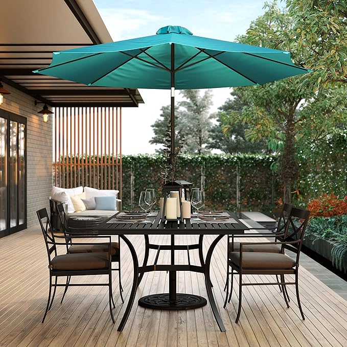 EMMA + OLIVER 9' Teal Outdoor Patio Umbrella With Easy To Use Crank And Tilt Function - Round Patio Table Umbrella with 1.5" Diameter Steel Pole
