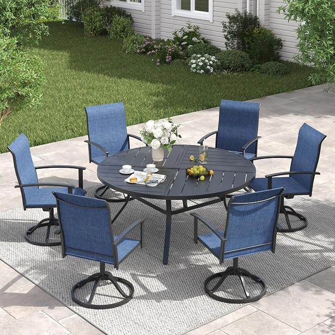 VICLLAX Outdoor Table and Chairs Set of 6, Metal Patio Dining Set-50.1" Round Dining Table and 6 Swivel Chairs for Deck, Lawn and Garden, Black Table and Blue Chairs