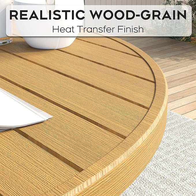 41” Patio Outdoor Dining Table, Wood-Grain Patio Round Table with Umbrella Hole, All-Weather Metal Dining Table for Party, Lawn & Garden