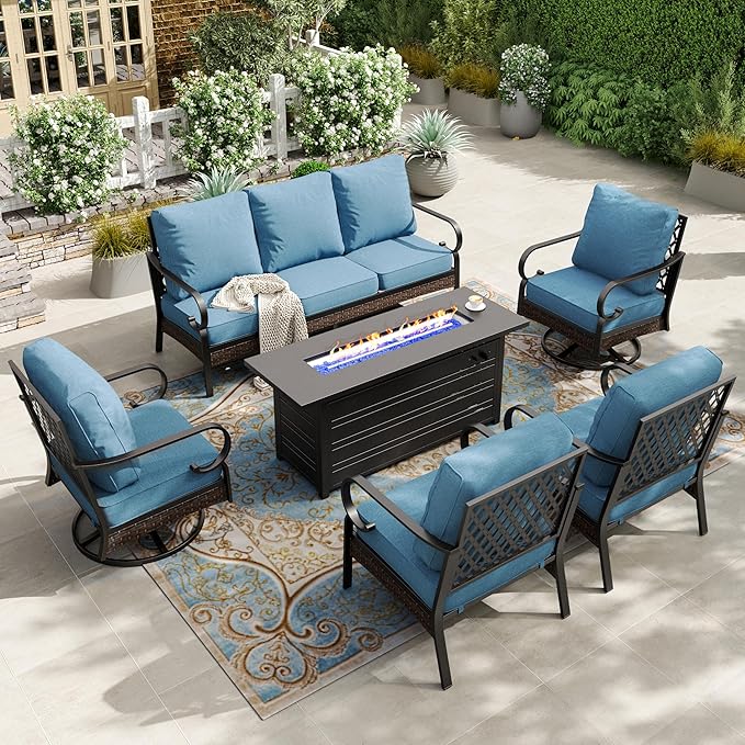 HERA'S HOUSE 6 Piece Metal Patio Furniture Set with 56" Fire Pit Table, All Weather Outdoor Conversation Set 7 Seats, 3 Seat Sofa, 2 Swivel Chairs, 2 Fixed Chairs for Backyard Garden Deck, Navy Blue