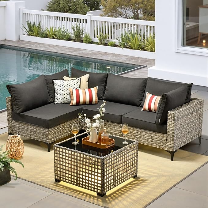 5 Pieces Patio Furniture Set with Solar Light Coffee Table, All-Weather Rattan Outdoor Sectional Conversation Sets L Shaped Sofas for Outside Porch Balcony Backyard Black