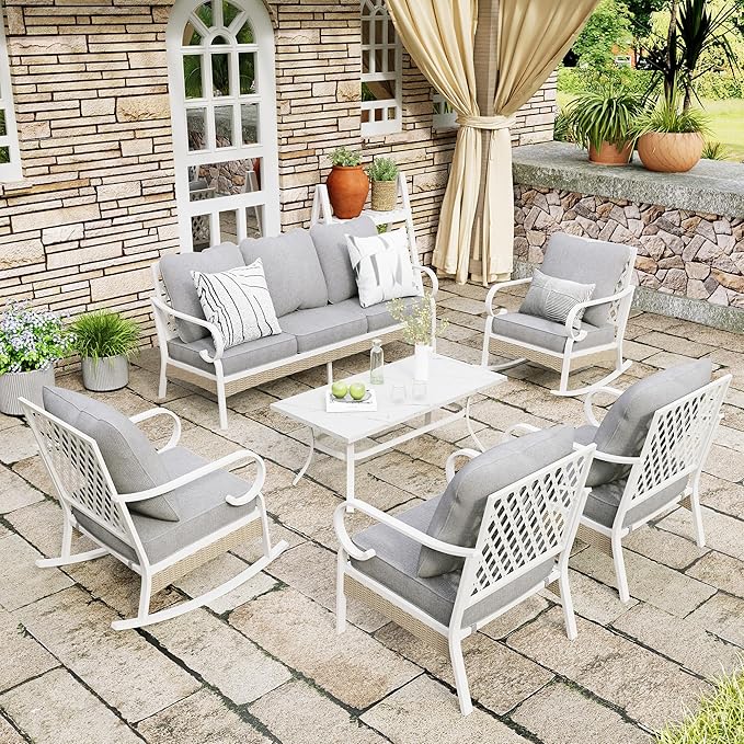 6 Piece Patio Furniture Set, 2 x Fixed Chair, 2 x Rocking Chair, 1 x 3-Seat Sofa with Marbling Coffee Table, 7 Seats Outdoor Conversation Set for Lawn Garden Backyard, Light Gray