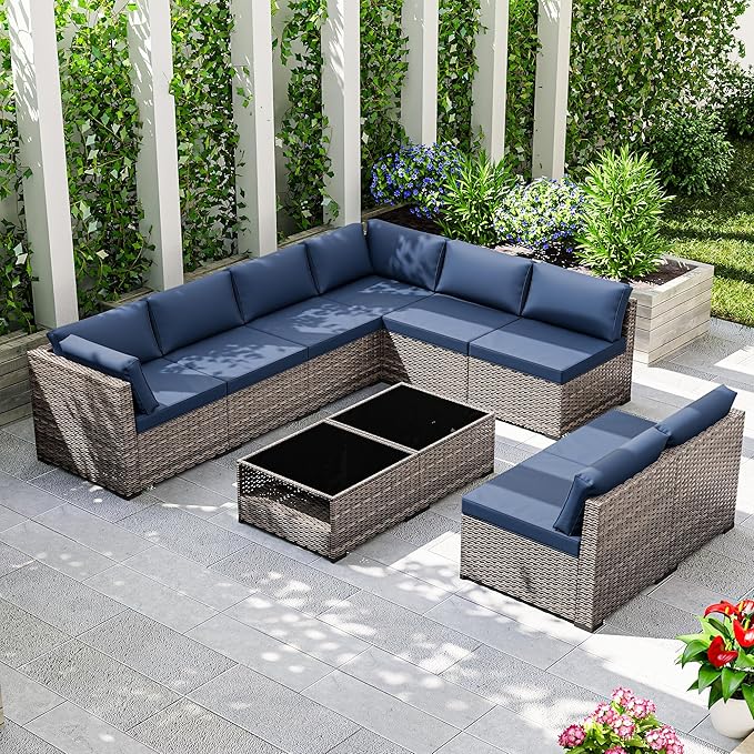 Joyside 10-Piece Patio Furniture Set, Rattan Outdoor Sectional Wicker Patio Conversation Set with Cushions and Coffee Table