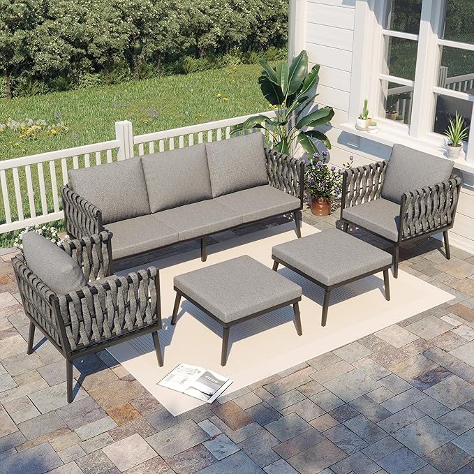 HOMREST Metal Patio Furniture Set, 5 Pieces Outdoor Aluminum Furniture w/High Back Chairs, Woven Rope Modern Patio Conversation Set for Balcony, Garden, Yard (7 Seats, Grey)