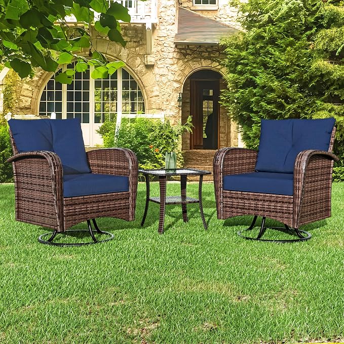 3 Pieces Conversation Furniture Set of Patio Swivel Rocking Chairs and End Table, Wicker Rattan Outdoor Set with Washable Cushions for Backyard, Poolside, Sunroom (Navy Blue)