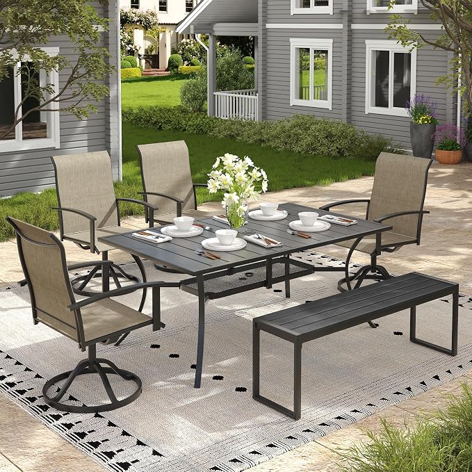 6 Pieces Patio Dining Set with Outdoor Bench, 59.2" Rectangular Patio Dining Table and Swivel Chairs for 6-7 People, Outdoor Furniture Set for Garden Deck, Mixed Brown & Black