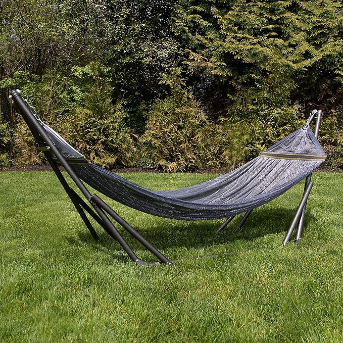 Best Home Fashion Hammock with Collapsible Steel Stand 450 lbs Capacity & Carrying Case, Portable & Adjustable, Perfect for Camping Beach Summer Patio, EZ Daze Foldable Hammock with Stand- Grey