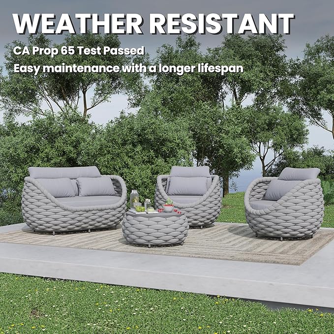 Rope Outdoor Patio Furniture Set: 6 Pieces Aluminum Porch Conversation Sofa Set - Modern Hand Woven Deck Couch Set Cushioned - No Assembly All Weather for 660lbs Yard Garden Lanai Hotel, Gray