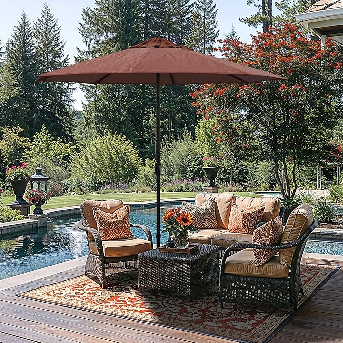 California Umbrella 8-Year Protection 9 Ft Outdoor Patio Umbrella, Solstice Fade-Resistant Fabric, Auto-Tilt, Heavy Duty Aluminum Frame, 8 Reinforced Ribs for Pool or Deck, Black Pole, Terracotta