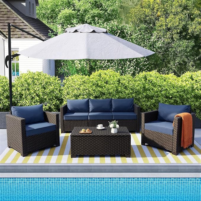 Rattan Star 4 Piece Patio Furniture Set 45In Fire Pit Table Outdoor Furniture Sets Patio Couch Outdoor Chairs 50000 BTU Propane Fire Pit with No-Slip Cushions and Waterproof Covers, Navy Blue