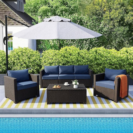 Rattan Star 4 Piece Patio Furniture Set 45In Fire Pit Table Outdoor Furniture Sets Patio Couch Outdoor Chairs 50000 BTU Propane Fire Pit with No-Slip Cushions and Waterproof Covers, Navy Blue