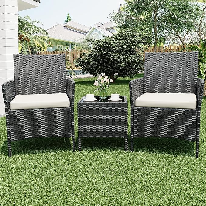 Patio Furniture Set 3 Pieces,Outdoor Patio Conversation Sets, PE Rattan Wicker Furniture Sets with 2 Chairs,Soft Cushion and 1 Coffee Table, Bistro Set of 2 for Backyard Balcony Porch Apartments,Black
