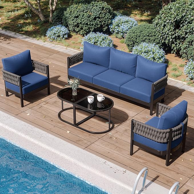 Aluminum Patio Furniture Set,5 Pieces HDPE Rope Patio Conversation Sets with Modular Coffee Table,Metal Outdoor Sectional Furniture w/5.9" Thick Cushions for Porch,Deck,Backyard,Navy Blue