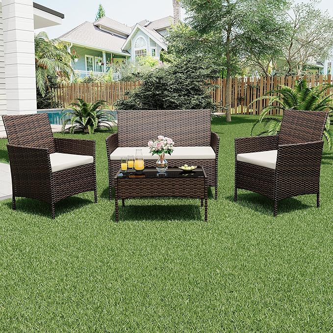GAOMON 4 Piece Patio Furniture Set, Modern Patio Conversation Set with Glass Coffee Table, PE Wicker & Cushions for Poolside, Deck, Balcony, Brown & Beige
