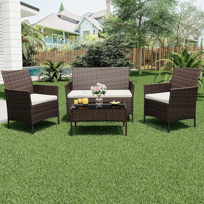 GAOMON 4-Piece Patio Furniture Set, All-Weather Patio Set - PE Wicker Sectional with Tempered Glass Table, Modular Outdoor Furniture for Pool Decks, Brown & Beige