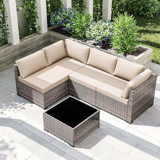 Joyside 5-Piece Patio Furniture Set, Rattan Outdoor Sectional Wicker Patio Conversation Set with Cushions and Coffee Table