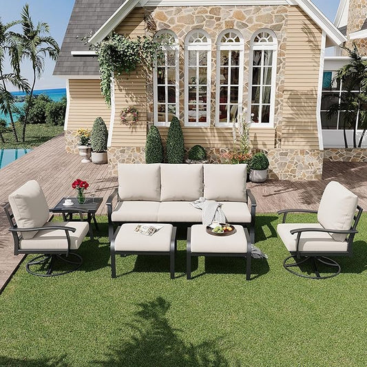 HOMREST Patio Furniture Sets 6 PCS Outdoor Metal Conversation Sets, 360 Degree Swivel Rocking Chairs Patio Conversation Set with Ottomans, Coffee Table and 3-Seat Sofa for Garden, Deck and Poolside
