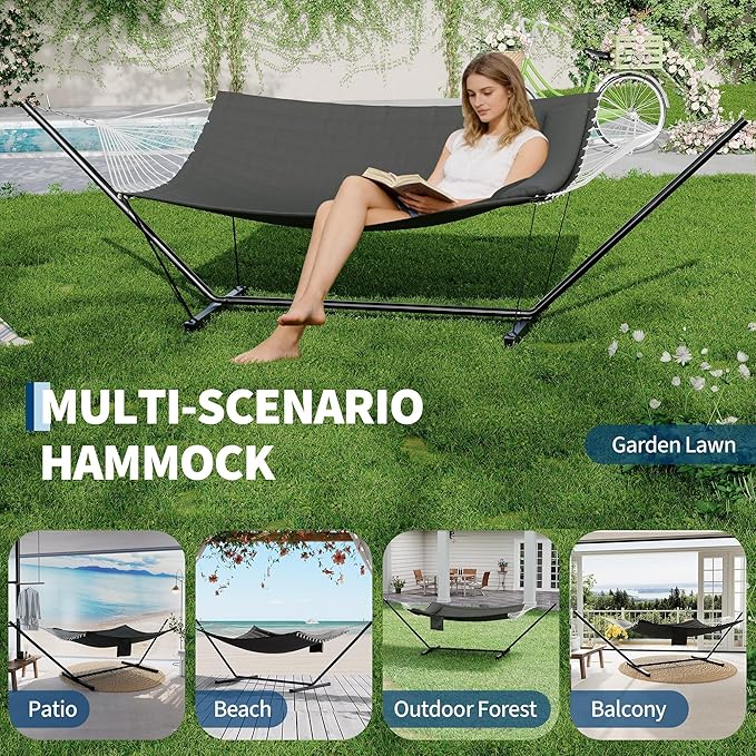 2 Person Double Hammock with Stand & Pillow, 450 LBS Heavy Duty Outdoor Hammock with Balance Rope for Patio Backyard Poolside