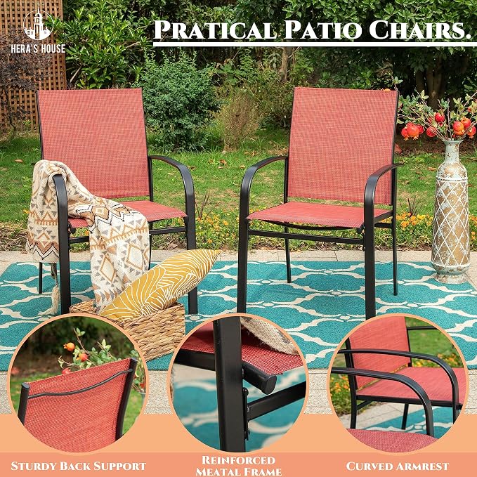 HERA'S HOUSE 7pc Outdoor Patio Dining Set, 6 Textilene Chairs, Red | 67" rectangular metal table with umbrella hole. Waterproof, rust-resistant, all-weather for backyard, porch