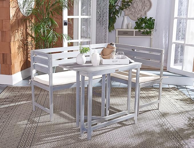 Safavieh PAT6754A Collection Wilton Teak and Navy Balcony Corner Lounge Outdoor Set