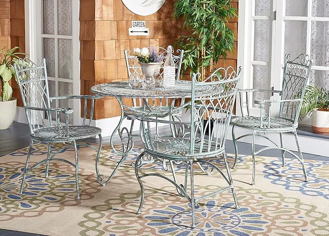 SAFAVIEH Outdoor Collection Thessaly Victorian Scroll Antique Dark Green Wrought Iron 5-Piece Patio Dining Set