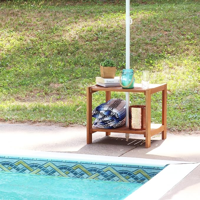 Sunnydaze 20-Inch Outdoor Side Table for Patio or Porch – Wooden Adirondack End Table with Umbrella Hole – Ideal for Holding Drinks & Balcony Essentials - Meranti Wood with Teak Oil Finish