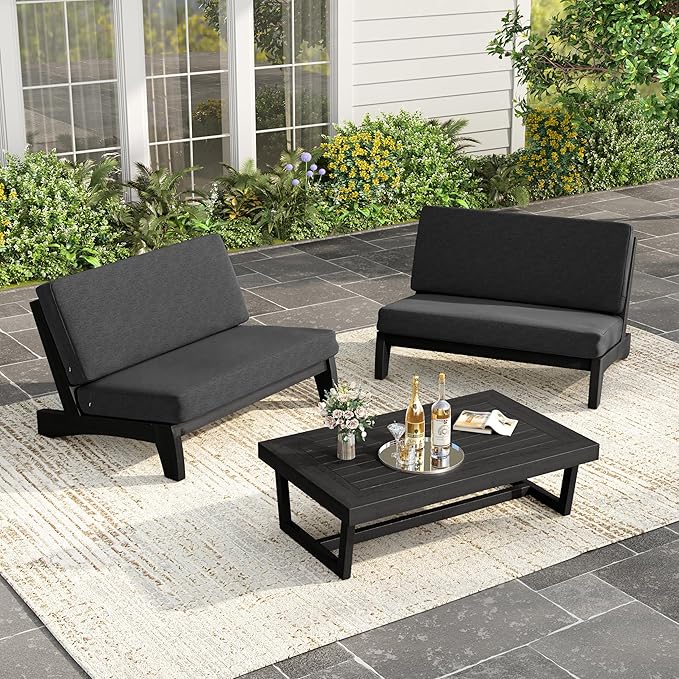 UIXE Black Wood Patio Furniture Sets, 3 Pieces All Weather Patio Loveseat Sofa Outdoor Sectional Futniture Backyard Conversation Set with Solid Wooden Coffee Table - Dark Gray